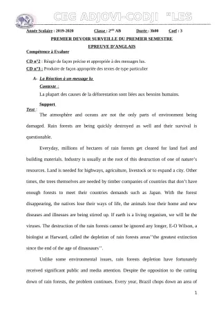 Première page de Anglais 2nde B — 1er devoir surveillé, 1er semestre (2019-2020) · CEG ADJOVICODJI 'LES OLIVIERS'