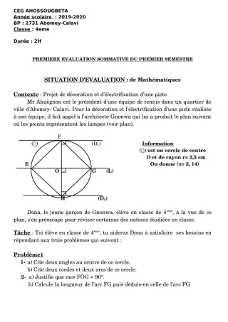 Première page de Mathématiques 4e, 4e ML — 1re évaluation sommative, 1er semestre (2019-2020) · CEG Ahossougbéta