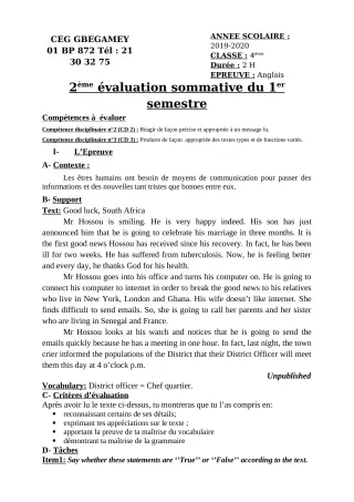Première page de Anglais 4e, 4e ML — 2e évaluation sommative, 1er semestre (2019-2020) · CEG GBEGAMEY