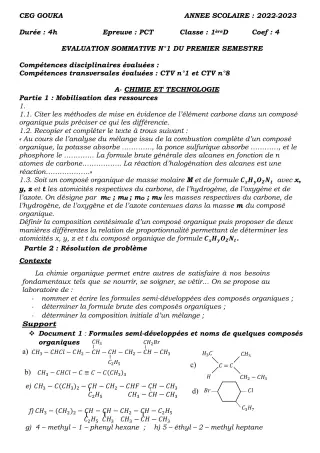 Première page de PCT 1ère D — Évaluation sommative, 1er semestre (2022-2023) · CEG GOUKA