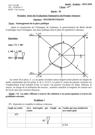 Première page de Mathématiques 4e, 4e ML — 1re évaluation sommative, 1er semestre (2019-2020) · CEG Yagbe