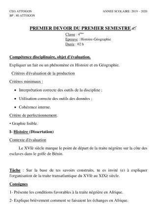 Première page de Histoire-Géographie 4e, 4e ML — 1er devoir surveillé, 1er semestre (2019-2020) · CEG Attogon