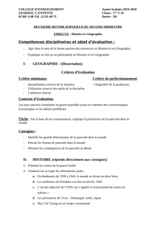 Première page de Histoire-Géographie 1ère C, 1ère D — 2e devoir surveillé, 2e trimestre (2019-2020) · CEG L'Entente