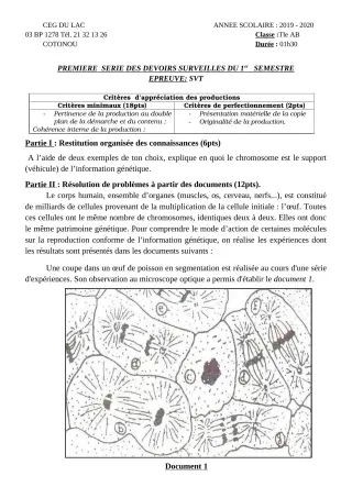 Première page de SVT Tle A2, Tle B — 1er devoir surveillé, 1er semestre (2019-2020) · CEG du Lac