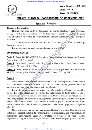 Première page de Bac 2026 – Français Séries ABCD, Bac blanc décembre 2025 (système éducatif, contraction, commentaire et dissertation)