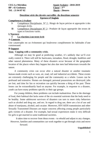 Première page de Anglais 3e — 2e devoir surveillé, 2e semestre (2018-2019) · CEG Le Méridien