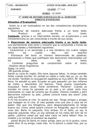 Première page de Espagnol 2nde A2, 2nde B — 1er devoir surveillé, 2e semestre (2018-2019) · CEG Banikanni