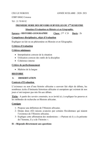 Première page de Histoire-Géographie 2nde C, 2nde D — 1er devoir surveillé, 1er semestre (2020-2021) · CEG LE NOKOUE