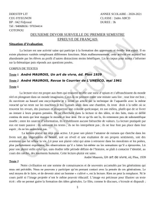 Première page de Français 2nde A2, 2nde B, 2nde C, 2nde D — 2e devoir surveillé, 1er semestre (2020-2021) · CEG FIYEGNON