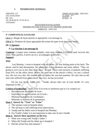 Première page de Anglais 4e — 1er devoir surveillé, 1er semestre (2020-2021) · CEG FIYEGNON
