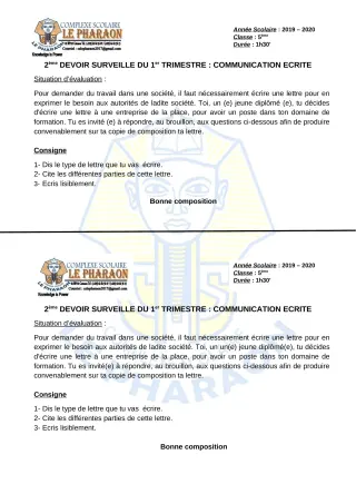 Première page de Français 5e — 2e devoir surveillé, 1er trimestre (2019-2020) · CPEG LE PHARAON