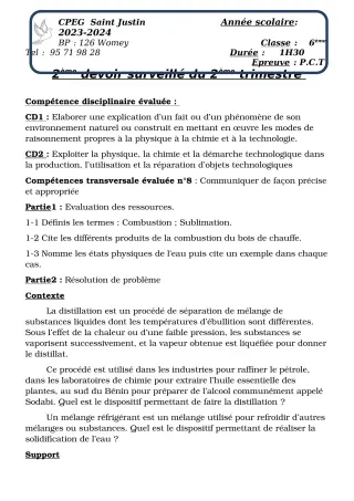 Première page de PCT 6e, 5e — 2e devoir surveillé, 2e trimestre (2023-2024) · CPEG SAINT Justin