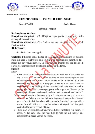 Première page de Anglais 2nde B, 2nde D — 1re composition, 1er trimestre (2020-2021) · CPEG La Minutie