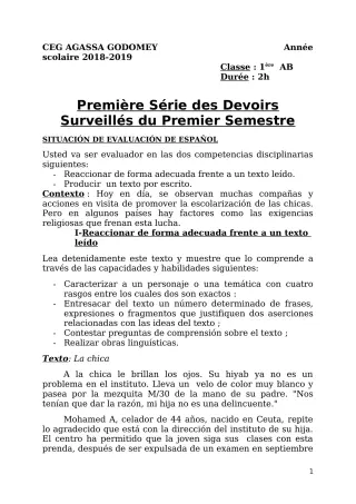 Première page de Espagnol 1ère A, 1ère B — 1er devoir surveillé, 1er semestre (2018-2019) · CEG Agassa Godomey