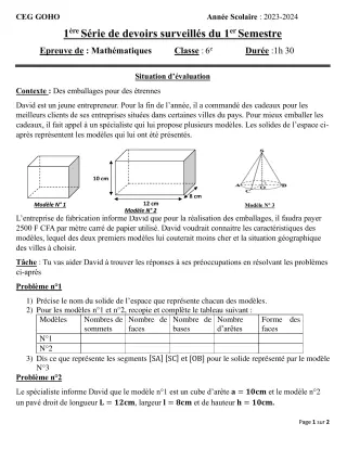 Première page de Mathématiques 6e — 1er devoir surveillé, 1er semestre (2023-2024) · CEG GOHO