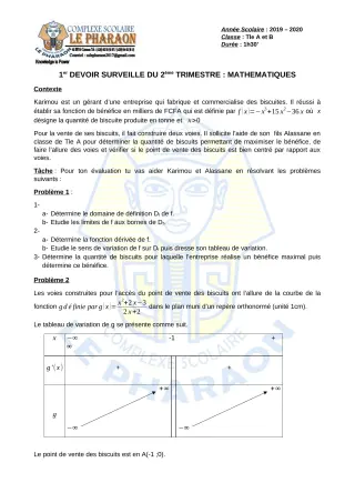 Première page de Mathématiques Tle A, Tle B — 1er devoir surveillé, 2e trimestre (2019-2020) · CPEG LE PHARAON