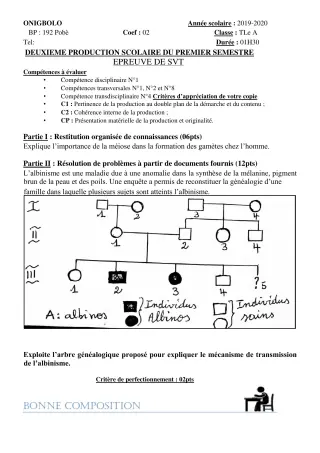 Première page de SVT Tle A2 — 2e production scolaire, 1er semestre (2019-2020) · CEG ONIGBOLO
