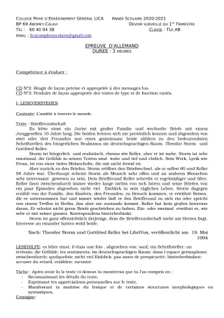 Première page de Allemand 2nde A2, 2nde B, Tle A2, Tle B — 1er devoir surveillé, 1er trimestre (2020-2021) · CPEG LICA