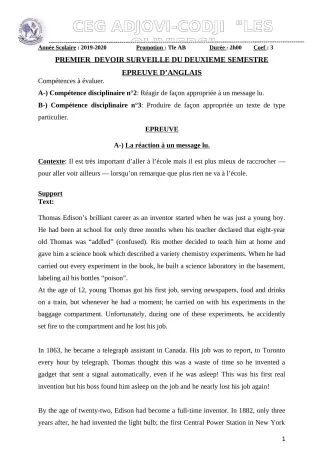 Première page de Anglais Tle B — 1er devoir surveillé, 2e semestre (2019-2020) · CEG ADJOVICODJI 'LES OLIVIERS'