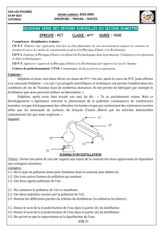 Première page de PCT 6e, 5e, 2nde C, 2nde D, 1ère C, 1ère D, Tle C, Tle D — 2e devoir surveillé, 2e semestre (2019-2020) · CEG Les Pylônes