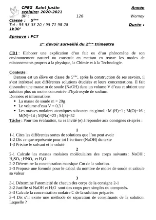 Première page de PCT 5e — 1er devoir surveillé, 2e trimestre (2020-2021) · CPEG SAINT Justin