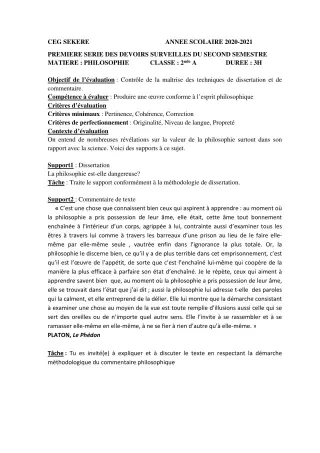 Première page de Philosophie 2nde A2 — 1er devoir surveillé, 2e semestre (2020-2021) · CEG SEKERE