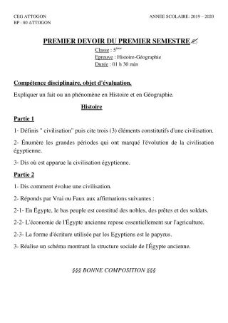 Première page de Histoire-Géographie 5e — Composition, 1er semestre (2019-2020) · CEG Attogon
