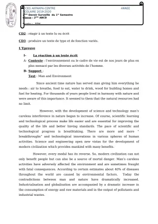 Première page de Anglais 2nde A1, 2nde A2, 2nde B, 2nde C, 2nde D — 2e devoir surveillé, 1er semestre (2019-2020) · CEG 1 Akpakpa-Centre