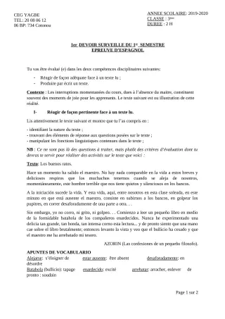 Première page de Espagnol 3e ML — 1er devoir surveillé, 1er semestre (2019-2020) · CEG Yagbe