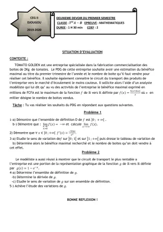 Première page de Mathématiques Tle A1, Tle A2, Tle B — 2e devoir surveillé, 1er semestre (2019-2020) · CEG 2 Djougou