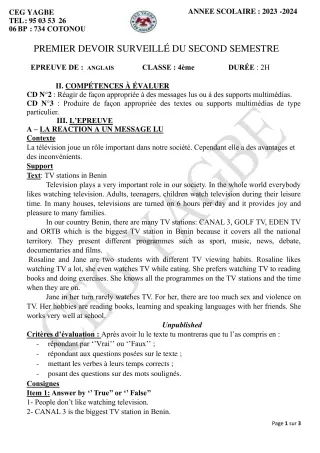 Première page de Anglais 4e — 1er devoir surveillé, 2e semestre (2023-2024) · CEG Yagbe