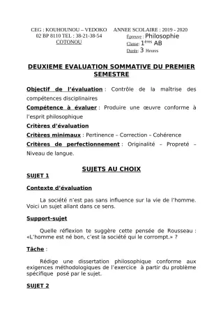 Première page de Philosophie 1ère A1, 1ère A2, 1ère B — 2e évaluation sommative, 1er semestre (2019-2020) · CEG Kouhounou-Vêdoko