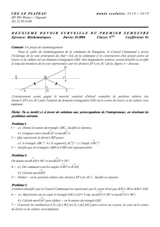 Première page de Mathématiques 5e — 2e devoir surveillé, 1er semestre (2018-2019) · CEG Le Plateau