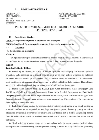 Première page de Anglais 1ère A2, 1ère B, 1ère C, 1ère D — 1er devoir surveillé, 1er semestre (2020-2021) · CEG FIYEGNON