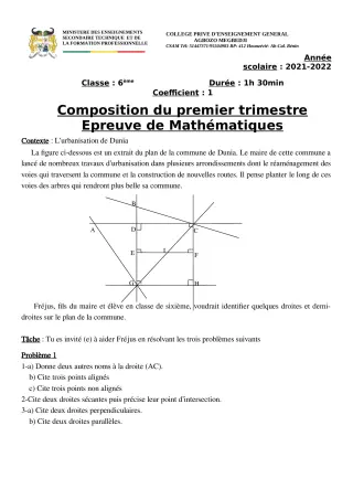 Première page de Mathématiques 6e, 5e, 4e, 3e, 3e ML, 2nde A2, 2nde B, 2nde D, 1ère A2, 1ère B, 1ère D, Tle A2, Tle B, Tle D — 1re composition, 1er trimestre (2021-2022) · CPEG AGBOZO MEGBEDJI