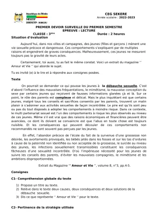 Première page de Français 3e — 1er devoir surveillé, 1er semestre (2022-2023) · CEG SEKERE