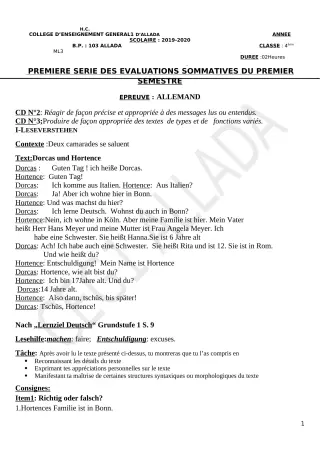Première page de Allemand 4e ML — 1re évaluation sommative, 1er semestre (2019-2020) · CEG1 Allada