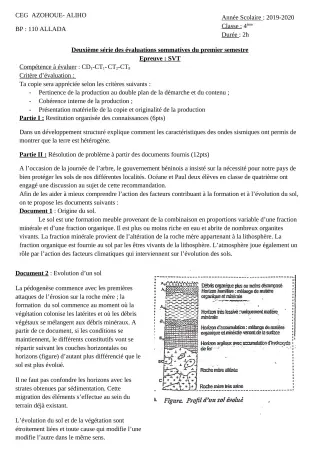 Première page de SVT 4e ML&MC — 2e évaluation sommative, 1er semestre (2019-2020) · CEG AZOHOUE-ALIHO