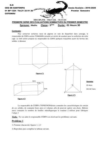 Première page de Mathématiques 5e — 1re évaluation sommative, 1er semestre (2019-2020) · CEG Dantokpa