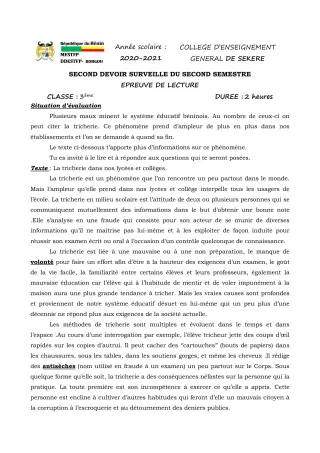 Première page de Français 3e, 3e ML — 2e devoir surveillé, 2e semestre (2020-2021) · CEG SEKERE