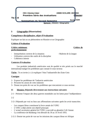 Première page de Histoire-Géographie Tle D — 1re évaluation sommative, 2e semestre (2023-2024) · CEG2 ABOMEY - CALAVI (CEG ZOCA)