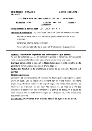 Première page de SVT Tle A1, Tle A2, Tle B — 2e devoir surveillé, 1er semestre (2020-2021) · CEG ZONGO