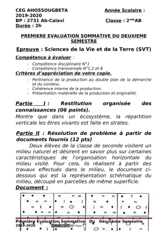 Première page de SVT 2nde A & B — 1re évaluation sommative, 2e semestre (2019-2020) · CEG Ahossougbéta