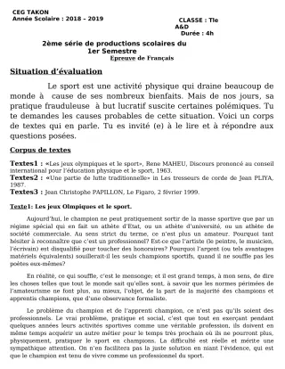 Première page de Français 6e, 5e, 4e, 4e ML, 3e, 3e ML — 2e production scolaire, 1er semestre (2018-2019) · CEG Takon