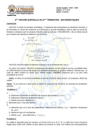 Première page de Mathématiques 1ère C, 1ère D — 2e devoir surveillé, 2e trimestre (2019-2020) · CPEG LE PHARAON