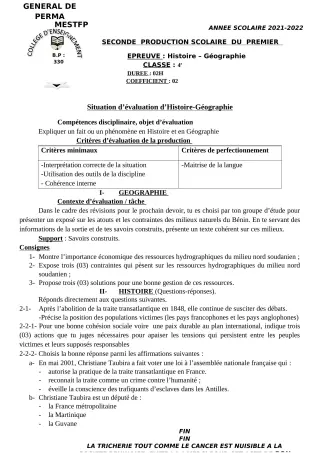 Première page de Histoire-Géographie 6e, 5e, 4e, 3e, 2nde A, 2nde D, 1ère A, 1ère D, Tle A, Tle D — 2e production scolaire, 1er semestre (2021-2022) · CEG Perma