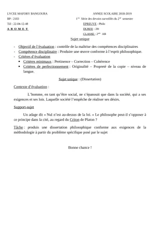 Première page de Philosophie 2nde A & B, 2nde D, 1ère A & B, 1ère D — 1er devoir surveillé, 2e semestre (2018-2019) · Lycée Houegbadja d'Abomey (Ex Mafory Bangoura)