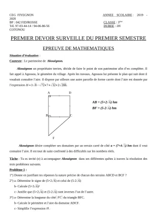 Première page de Mathématiques 3e, 3e ML — 1er devoir surveillé, 1er semestre (2019-2020) · CEG FIYEGNON