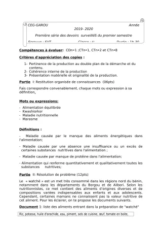 Première page de SVT 6e — 1er devoir surveillé, 1er semestre (2019-2020) · CEG GAROU