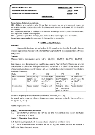 Première page de PCT 3e — 2e évaluation sommative, 1er semestre (2023-2024) · CEG2 ABOMEY - CALAVI (CEG ZOCA)